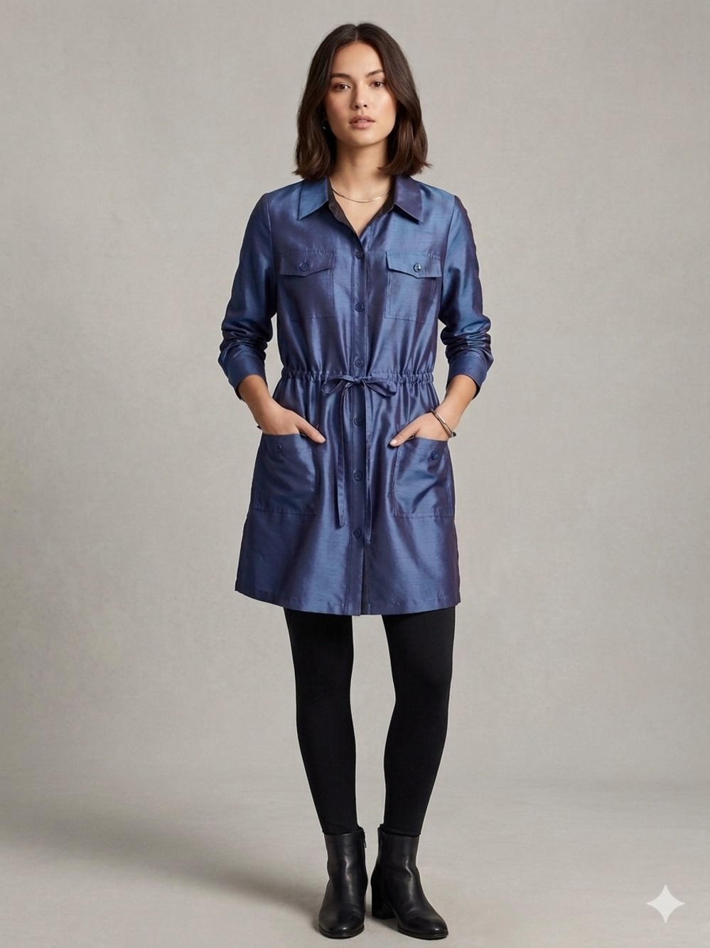 Joan Rivers Classics Blue Utility Shirt Dress / Tunic with Drawstring Waist